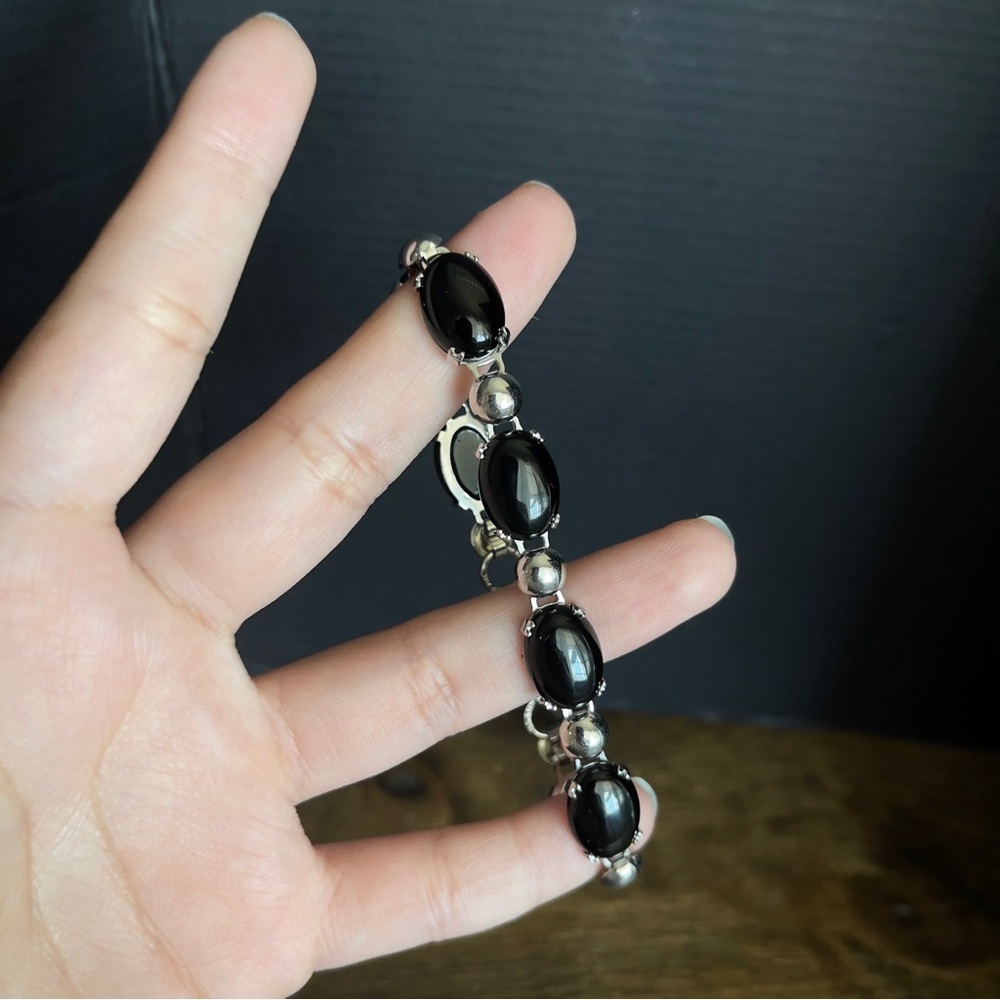 Sterling silver black stone chain tennis bracelet 7 inch